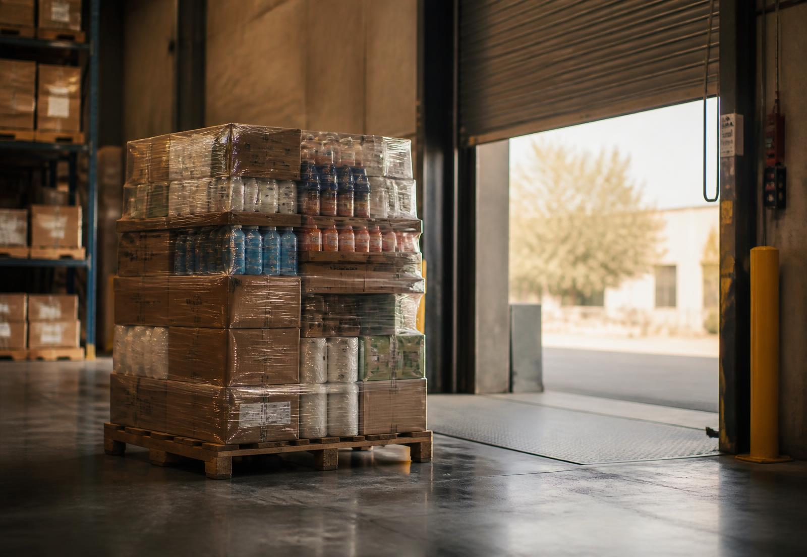 Wide, quiet shot of industrial warehouse shelving receding into distance