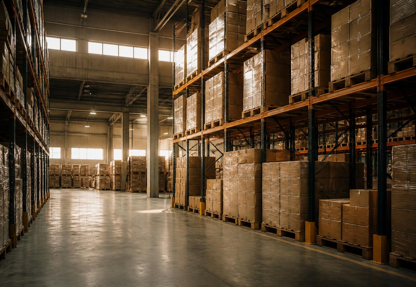 Stacked cardboard shipping cartons on metal warehouse shelving